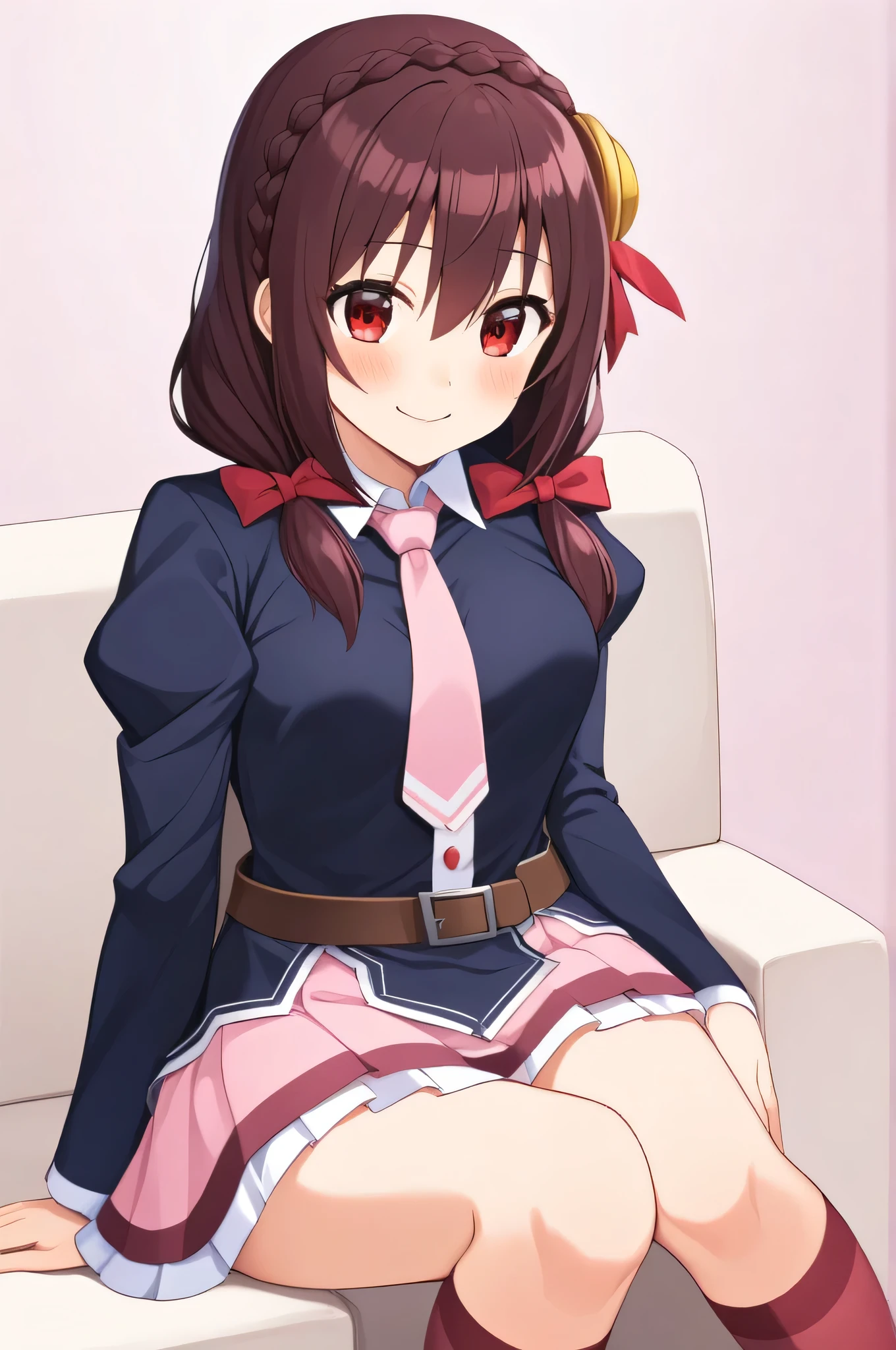 alone, One girl, Yunyun, (A happy smile:1.3)、(blush:1.3)、 View your viewers, Crown braids of the same color as your hair, Red Eyes、hair ornaments, Hair Ribbon, Pink tie, Long sleeve, Pink Skirt, Knee socks, Cleavage, (Sitting right next to the viewer on the sofa:1.2)、(Turning his head and looking to the side)