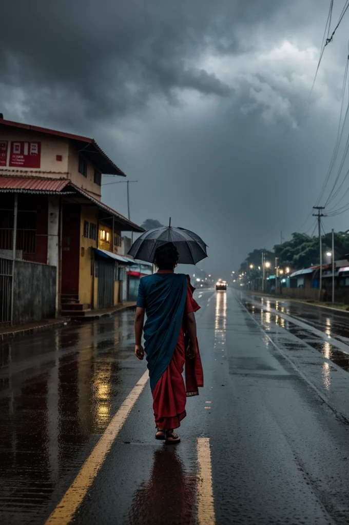 On a rainy day, the sky is dark, a boy is standing on the road waiting for a girl in a saree