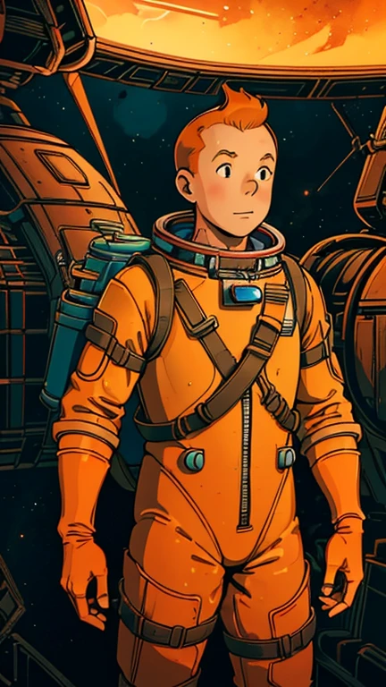 (Teens:1man: Tintin), (extremely detailed CG unit 8k wallpaper),(master part), (best quality), (ultra detali), (best illustration),(arrietty), cowboy shot, (Sharp eyeliner, ombre, detailed eyes:1),Dark midnight derelict spaceship interiors background, ,break , (astronaut in an orange space suit), upper body, short hair, orange hair