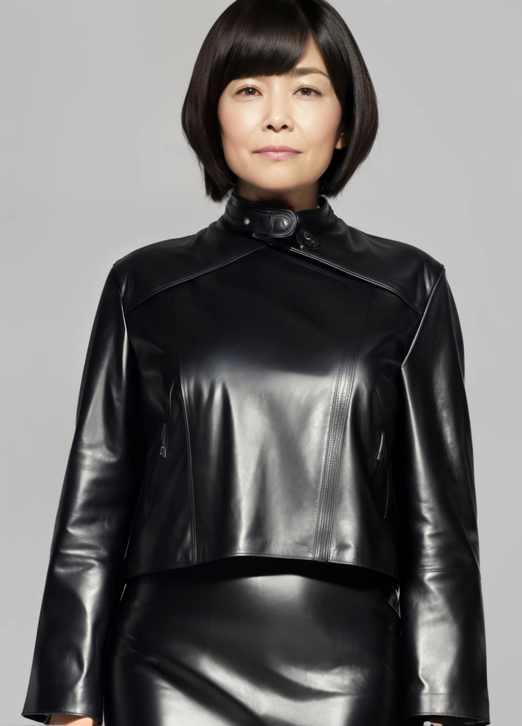 masterpiece,Highest quality,taller than, (mature_woman_Lady:1), beautiful face, face_concentrated, (Simple Background:1.2),, feet_concentrated,software,Leather Fashion,Leather skirt,leather jacket,Bob cut short hair,Big Breasts,Align your bangs