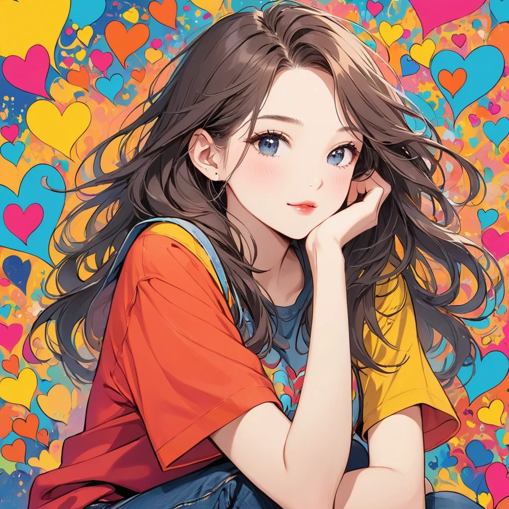 Keith Haring colorful style, Simple Line Initialism,Abstract art,Urban Background, (((The most beautiful girl of all time))), Sweet face. Lips in love, colorful hearts, stylish design, (((黒い瞳)))