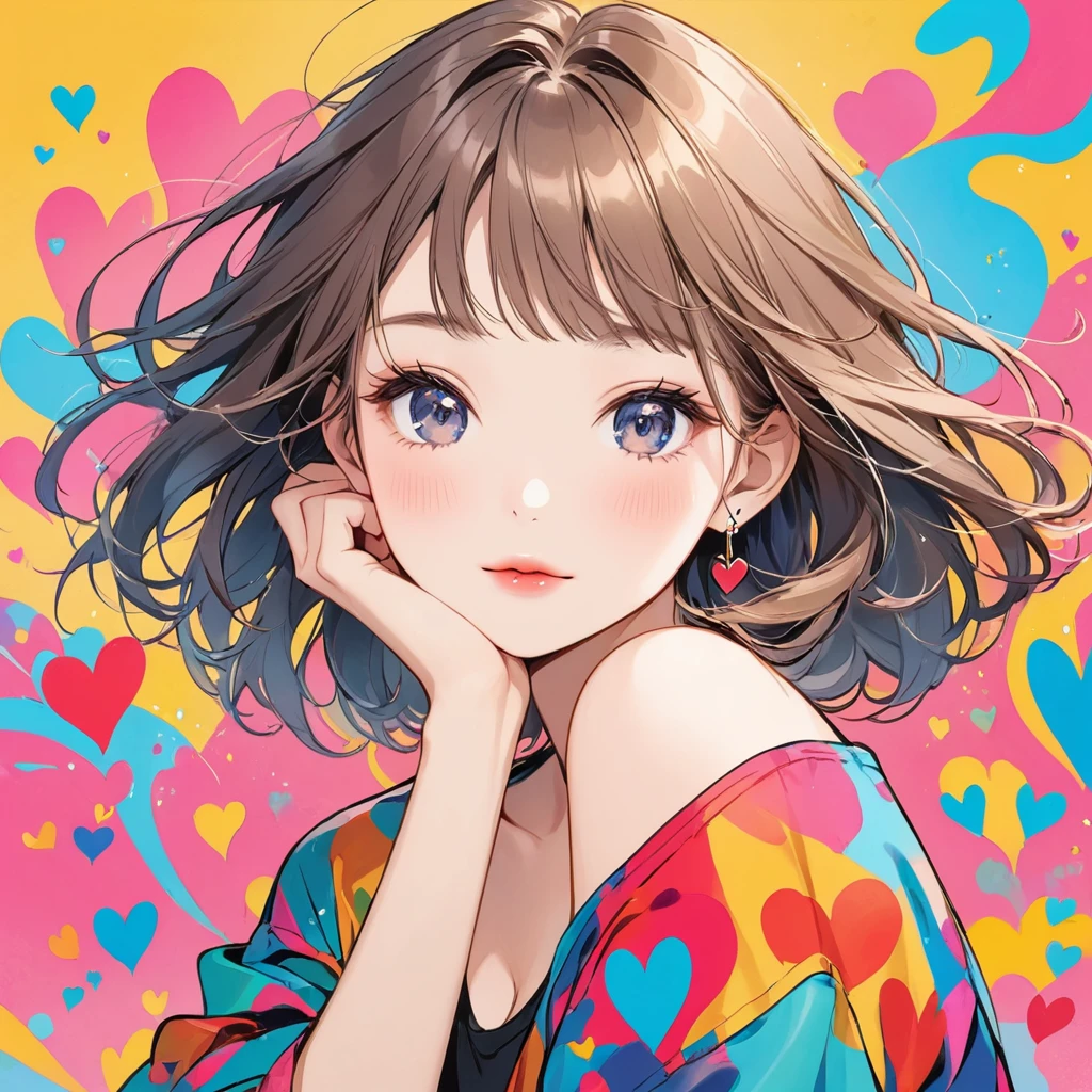 Keith Haring colorful style, Simple Line Initialism,Abstract art,Urban Background, (((The most beautiful girl of all time))), Sweet face. Lips in love, colorful hearts, stylish design, (((黒い瞳)))