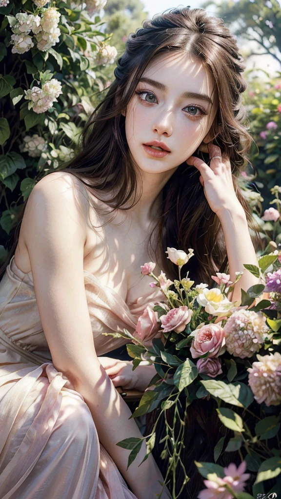 a beautiful young girl, detailed eyes, detailed lips, long eyelashes, elegant dress, soft lighting, detailed facial features, detailed skin, delicate flowers, lush garden, vibrant colors, cinematic composition, photorealistic, (best quality,4k,8k,highres,masterpiece:1.2),ultra-detailed,(realistic,photorealistic,photo-realistic:1.37)