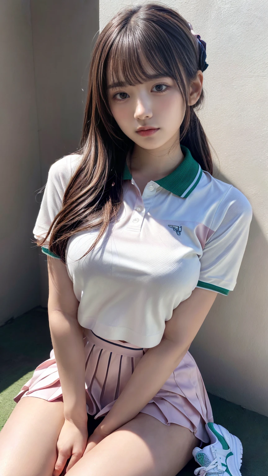 (absurdres:1.3), (highres:1.3), (ultra detailed:1.3),(1girl:1.3), (extremely detailed CG unity 8k wallpaper:1.3), (detailed skin texture, detailed cloth texture, detailed hair texture), (beautiful detailed face, supermodel, pale skin, realistic glistening skin), (RAW photo, best quality), (realistic, photo-realistic:1.4), masterpiece, extremely delicate and beautiful,Amazing, finely detail, extremely detailed CG unity 8k wallpaper, huge filesize, ultra-detailed, highres, absurdres, soft light,rim light, vibrant details, hotel room, straight hair, large breasts, black hair color, Big Natural Color Lip, (perfect body shape), beautiful legs, BREAK (white theme:1.4), (tucked-out short sleeve white polo shirt:1.4), (pink lines on tops outline:1.3), (pure white pleated mini skirt:1.3), (hem of top covers top half of skirt:1.3), (pink fluffy scrunchie on wrist:1.3), (white and pink sports shoes:1.2), crying a little、little smile, Harajuku style、20 year old girl、cute type、lolita、standing