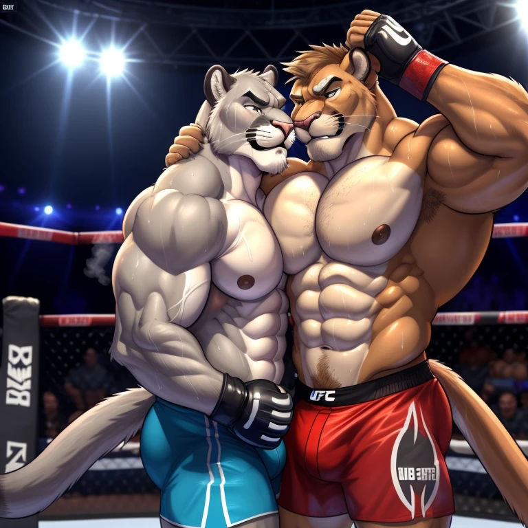 Duo male(Gray Cougar vs Cougar, handsomes, handsome hairstyle, tails, Thick eyebrows, detailed face), gay(Clinch embraced, body with body, behind view, cuddling on shoulders, on a UFC match), hot(Shirtless), handsomes(They are handsomes, correct anatomy), musculosos(Big muscle bodies, Six packs, muscle abs, big pecs, muscle backs, muscle legs), sweaty(very sweaty wet bodies, shiny sweat), tatuajes(they have tattoos), grumpy(Both have an grumpy expression, grumpy teeths, steaming breath), UFC gloves(They both are wearing UFC gloves), UFC boxers(they both are wearing ufc boxers), Hight resolution, by(Zourik:1.1)