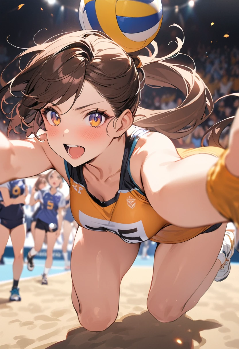 (super flat, flat shading), Honors Type, Really blushing, 17 years old, (cheerleading Match:1.5), 3girls, wearing white (high-cut thong Ultra-slim swimsuit:1.5), wedgie:1.5, cameltoe:1.7, sports shoes, ponytail brown hair, sweaty healthy body, soaking wet full body with lotion and sweaty, bare legs, navel, ultra realistic, breeze, in crowded public room, (from below:1.5)