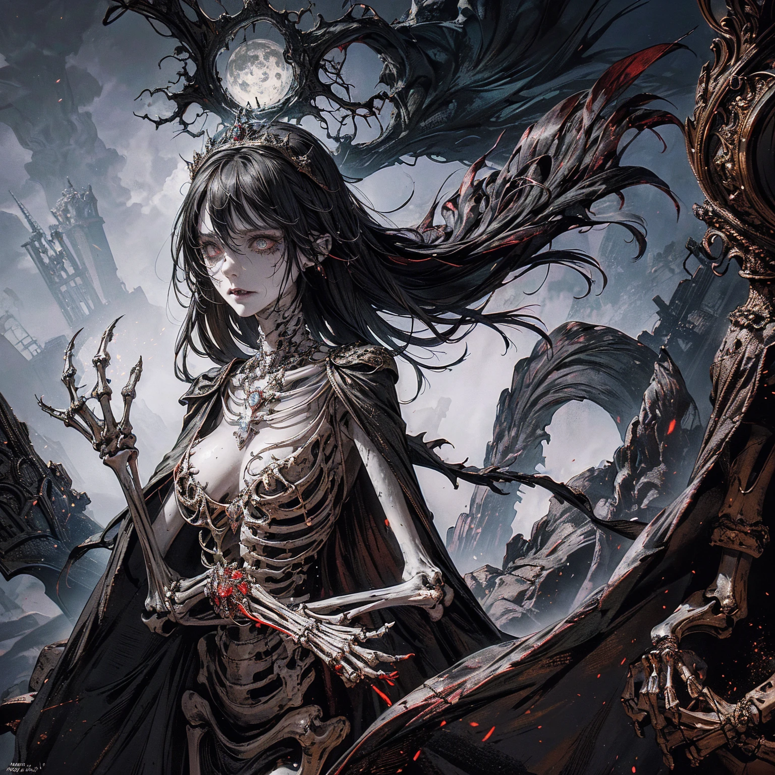 best quality, 4K, high resolution, masterpiece, Very detailed, Mood lighting, A black hair undead girl in a long cape, Whole body including hands & arms & legs & feet are all skeleton bones but except the head is still beautiful human face, Wearing a ragged gothic skirt, weep in tears, tears flowed down from her face, reaching out her hand sadly towards the frightened mortals, ghosts & zombies & skeletons wandering in the background, Aloofness emotion, Dangerous sneer, Crucified, Pitch black sky, Blood-red moon, strange atmosphere, Gothic style, Unforgettable beauty, Dramatic shadows, Ethereal Light, Mysterious atmosphere