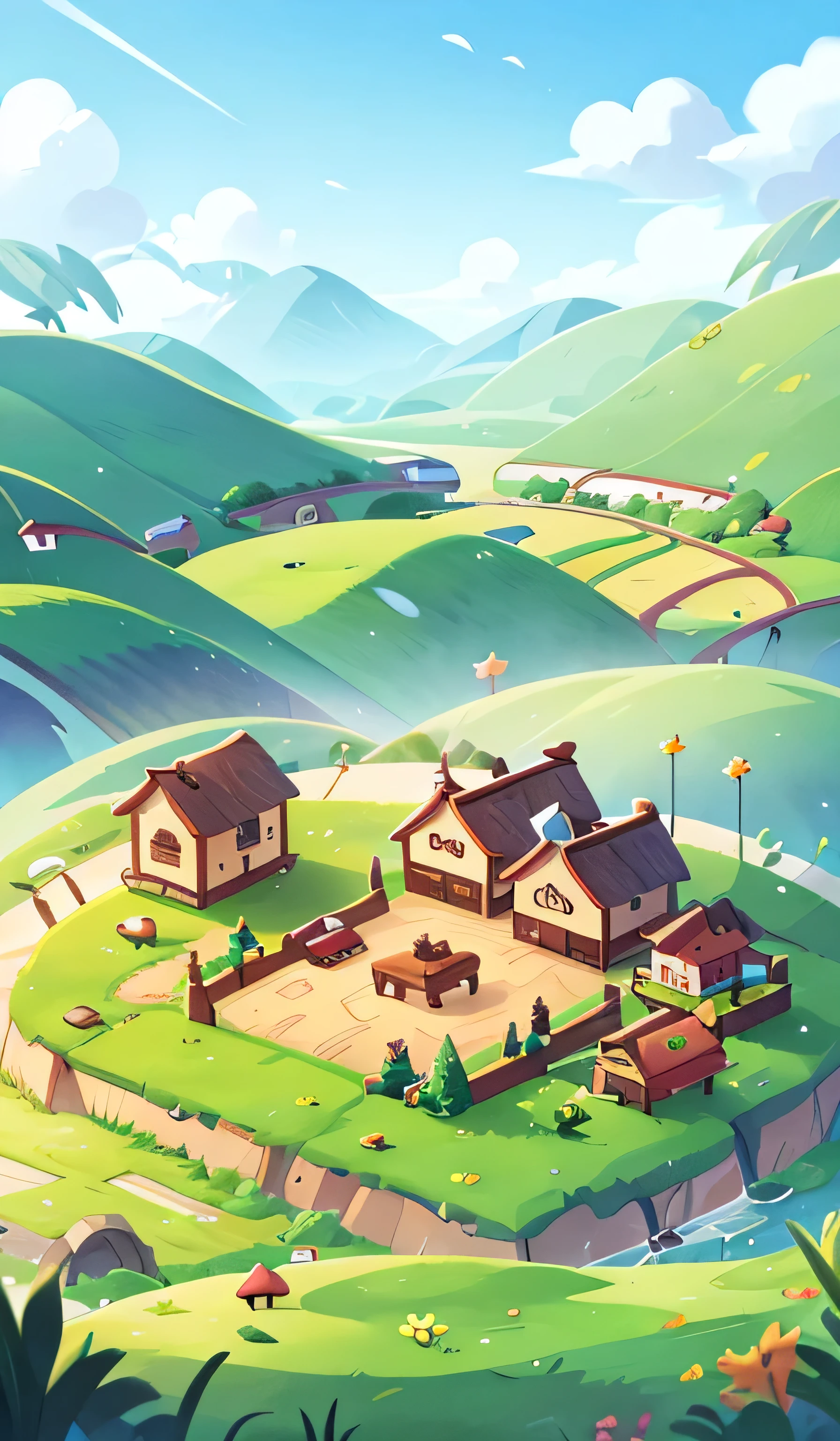 View of the small farm in Alafeld, Mobile game art, Stylized game art, Mobile game background, Isometric Game Art,Game architecture design, farm,Cartoon, Checkerboard,International chess,Simplicity,A large wheat field,farm,Fence, Staines, Grassy, casual game style, 。.3d, masterpiece, Super Detail,Best quality