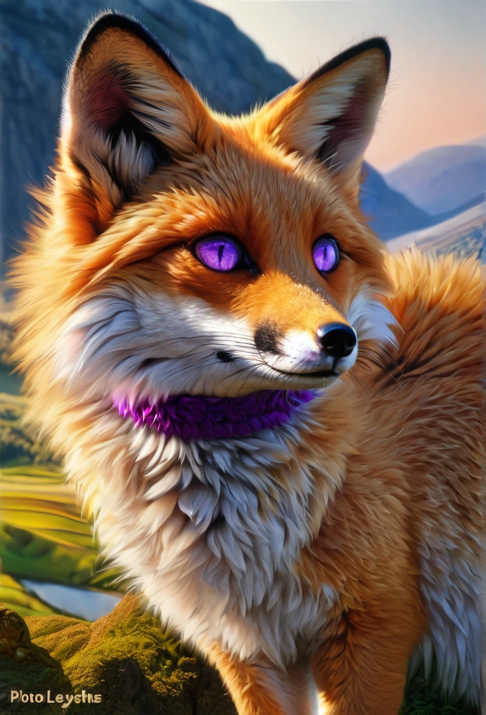a cute female feral fox, beautiful, visually stunning, elegant, purple collar, glowing, (best quality,4k,8k,highres,masterpiece:1.2),ultra-detailed,(realistic,photorealistic,photo-realistic:1.37),detailed eyes,detailed lips,extremely detailed face,longeyelashes,intricate fur,stunning landscape background,gorgeous lighting,vibrant colors,fantasy art