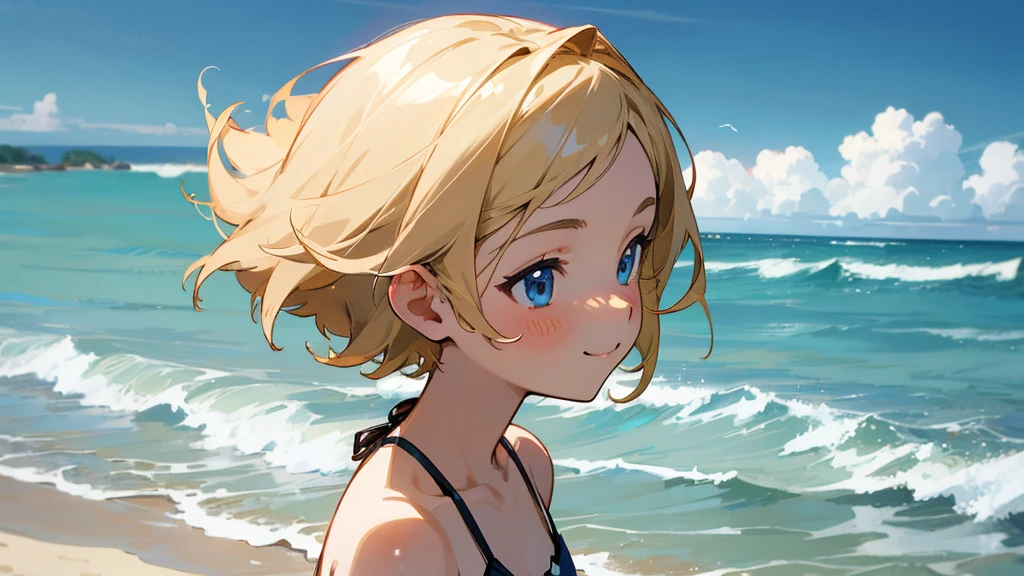 masterpiece, Highest quality, cute, anime, super high quality, Very detailed, Clarity,Beautiful Skin, Beautiful , girl, Short Hair, Beach Resort, Playing on the edge of the waves, Micro Bikini, smile, Draw detailed facial expressions,