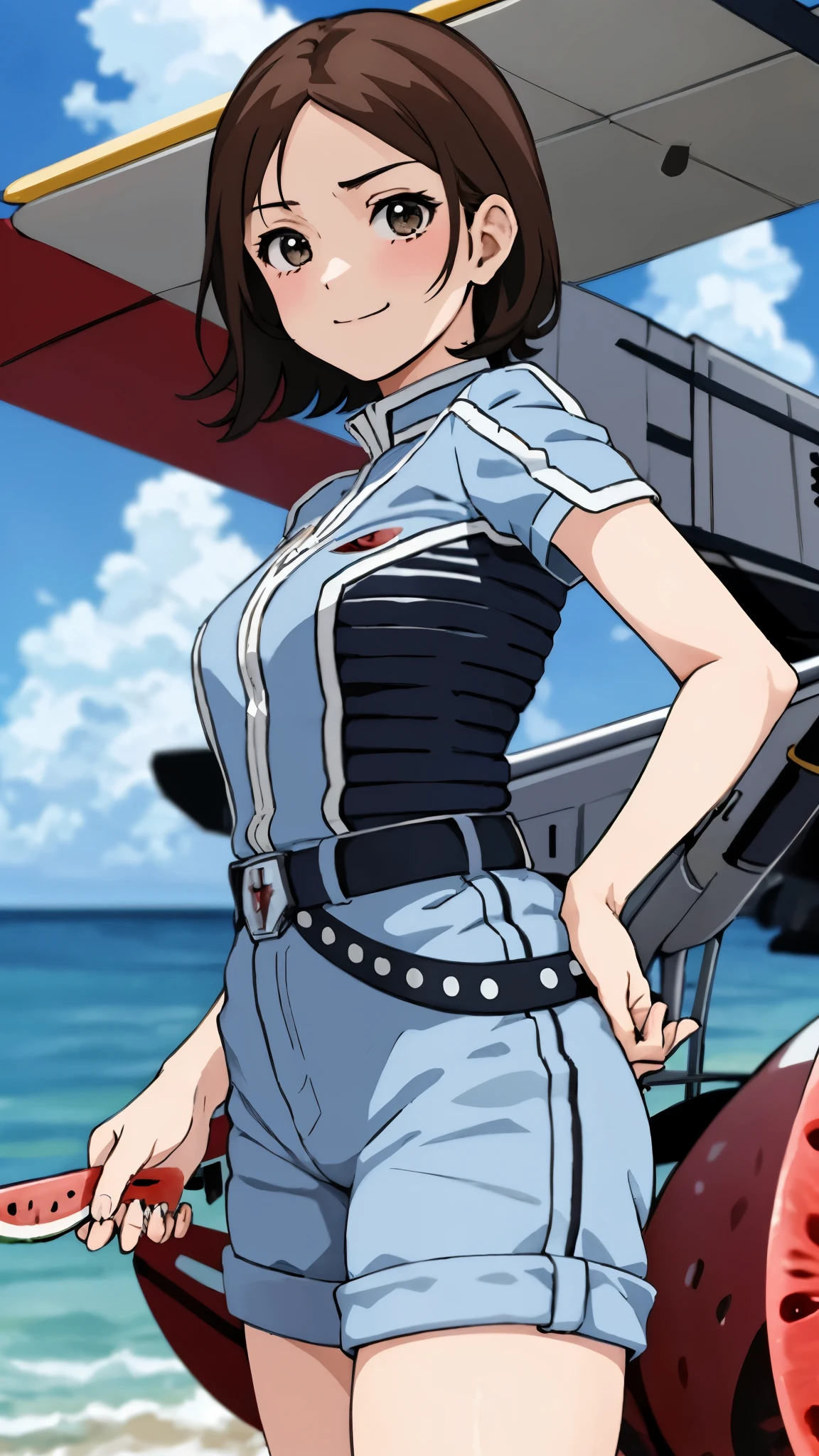 masterpiece, best quality, solo,1girl,looking at viewer,, cowboy shot,sea,anime style,
 anne、Ultra Guard Interior、Fighter Aircraft Background、Sweating profusely、Arms rolled up、Short sleeve、Short pants、Show off your thighs、Eating watermelon、holding a watermelon in your hand、Happy expression
、Looks very hot、

