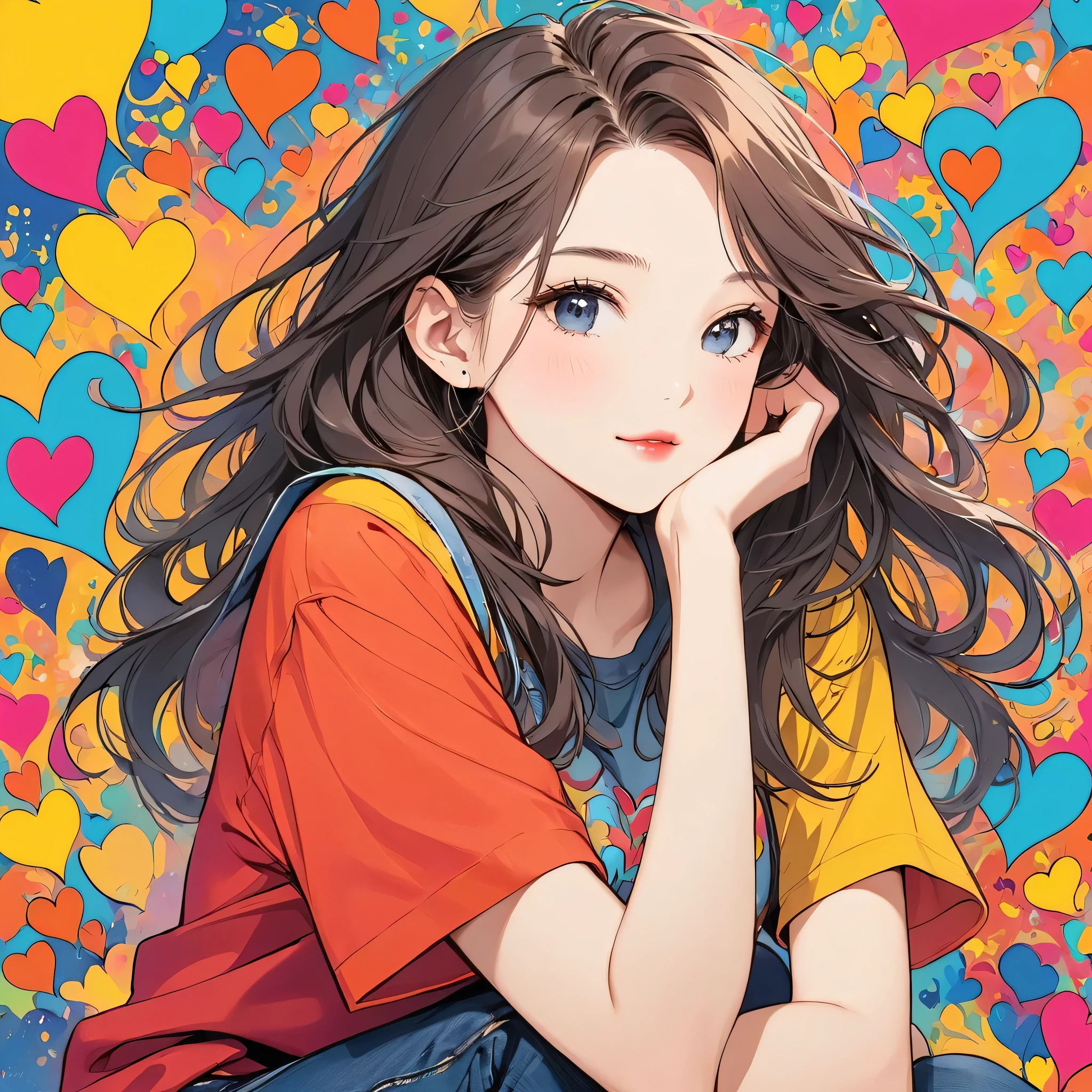 Keith Haring colorful style, Simple Line Initialism,Abstract art,Urban Background, (((The most beautiful girl of all time))), Sweet face. Lips in love, colorful hearts, stylish design, (((黒い瞳)))