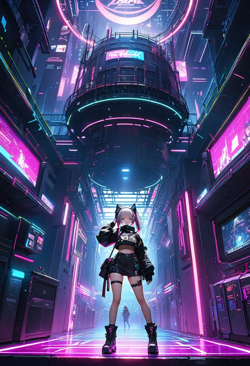 ((8k)), Highest quality, 超High resolution, (High resolution), 猫がcyber punkの服を着ている, cyber punk, cyber punk rink, Loud cheers from the audience