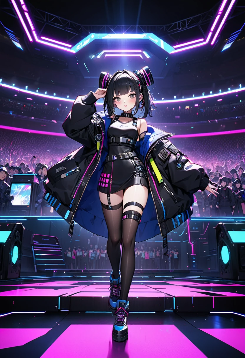((8k)), Highest quality, 超High resolution, (High resolution), 猫がcyber punkの服を着ている, cyber punk, cyber punk rink, Loud cheers from the audience

