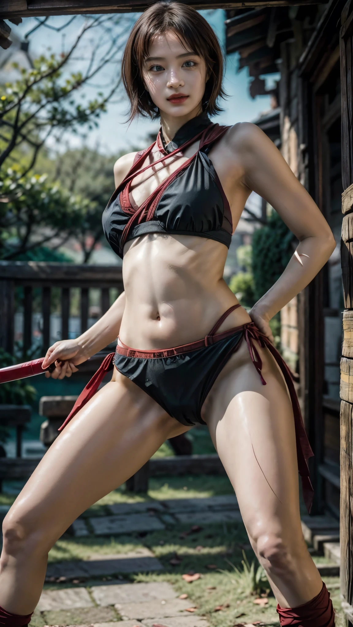 Moisturized skin, (red eyes), realistic body, (adult female body), heartless, (), (young girl),
BREAK,
bright red lipstick, (beautiful navel),
BREAK,
(short bob: 1.2), (pink hair),
BREAK,
((masterpiece + highest quality + high resolution + highly detailed)), (full body: 1.2), symmetrical, one shot,
BREAK,
(leaves fluttering), (wind blowing), (battle stance: 1.4),
BREAK,
(large Japanese sword), ninja clothes, inside the mansion, assassination, sexy, sword-wielding ninja sneaks into the mansion, covered in scars,