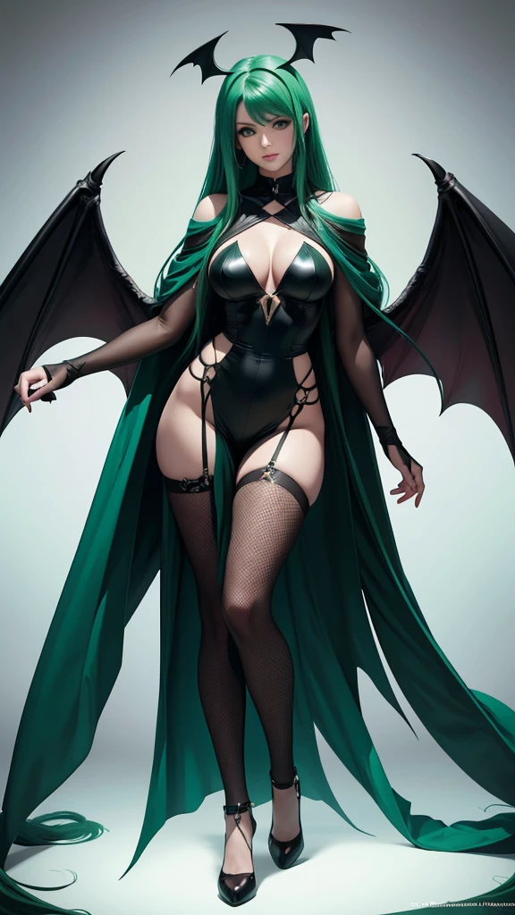 best qualityer, work of art, ultra-high resolution, gradient background from white to black, realisitic, photo by full body, Morrigan drawing from Capcon, bat wings, Brunetette, Long light green hair, greeneyes, ellipse vignette filter, all drawings in A3 format.