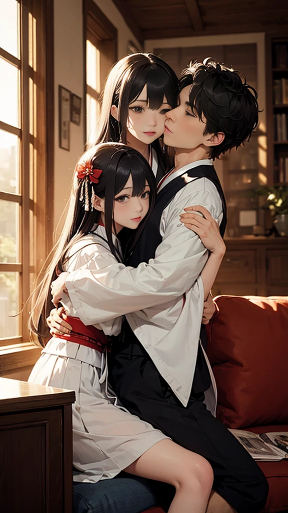 Highest quality、4k quality、Man sitting on sofa、Shrine maiden straddling a man、A man hugs a woman's breast、Man lays hands on woman'between legs、thin、Small face、Two beautiful girls、Harem