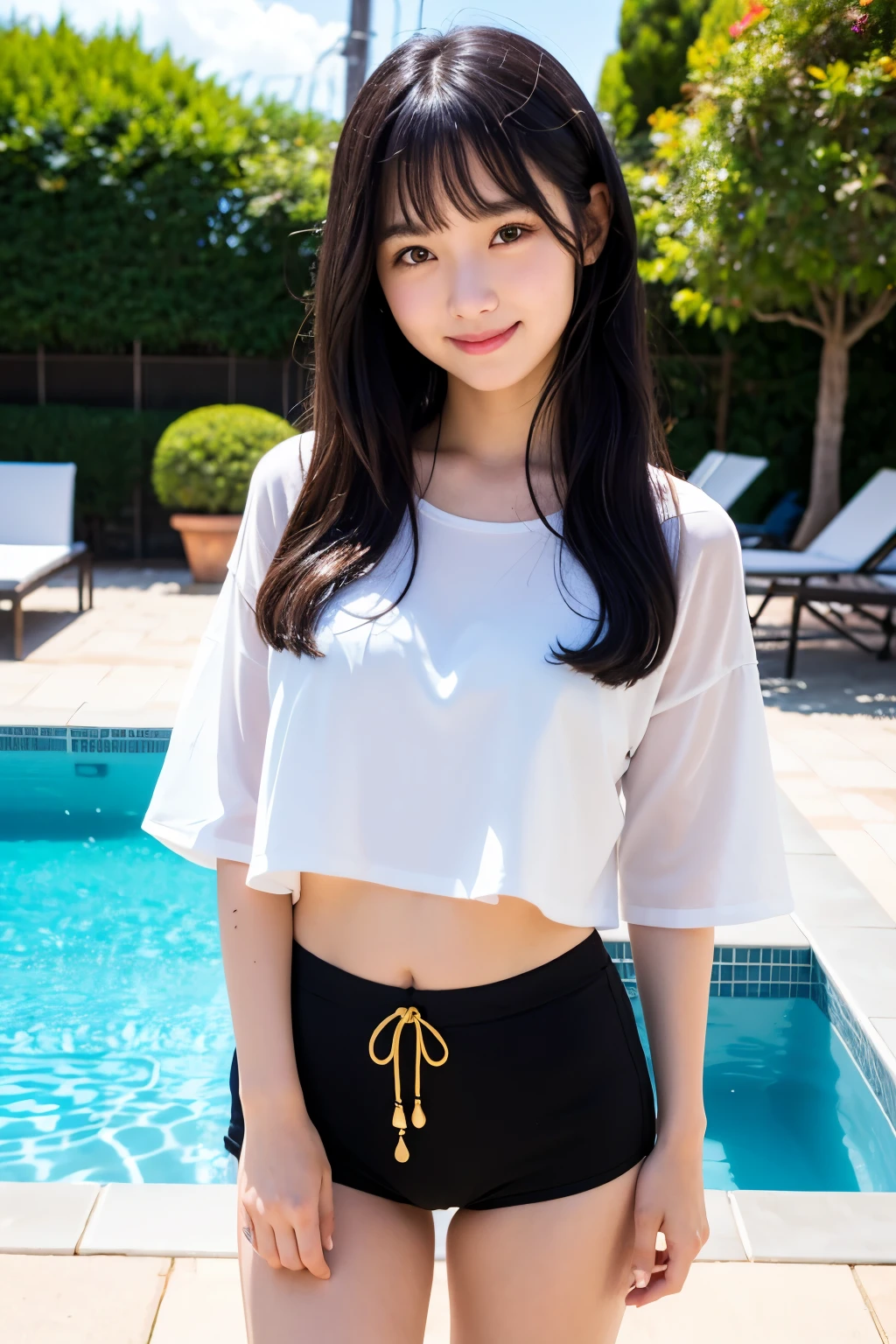 Standing by the pool with no one、young woman、Cute face like an idol、Long black hair、Summer clothemiling、Full body portrait