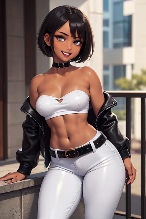 8K, (best quality, masterpiece:1.3), (detailed:1.2), 1girl, solo, ((26 year old, Filipino Woman, tanned bronze skin:1.02, short black hair:1.3, Detailed Amber eyes:1.03, (shiny skin), glossy lips, lipstick, Detailed face, medium breasts, narrow waist, wide hips, curvy (Wearing: Black opened jacket, Strapless White tube top, black leather pants, belt:1.2)), (midriff), (agile physique:1.1), (Character Focus),Perfect Anatomy, She's looking at the camera with an thrilled and joyful look on her face, (Smiling, open mouth, teeth),