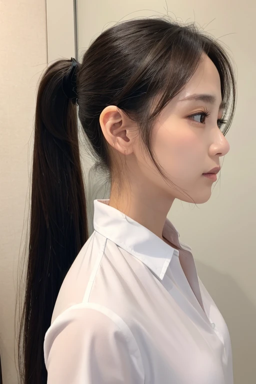 woman、Face and neck、ponytail、shirt