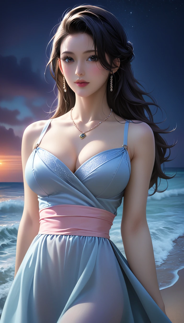 score_9, score_8_superior, score_7_superior, Masterpieces with up to 16K resolution,Highest quality,it is really amazing,Very detailed,Ultra-high resolution,(Ultra-realistic:1.1),(Realistic:1.1),Increased depth of field,Cinematic lighting,
Elegant Japanese MILF,
Long black hair,Ultra-detailed and beautiful faces,Translucent white skin,Very detailedな肌,
(Elegant resort dresses:1.1),
Bold design,Artistic design,Beautiful and detailed pattern,Detailed fabric texture,
Gorgeous necklace,Earrings,
(Bali Beach:1.1),(Dark beach at night:1.1),(Deserted beach:1.1),(A pitch black night sky with dark clouds:1.1),
(Cinematic Angle:1.2),