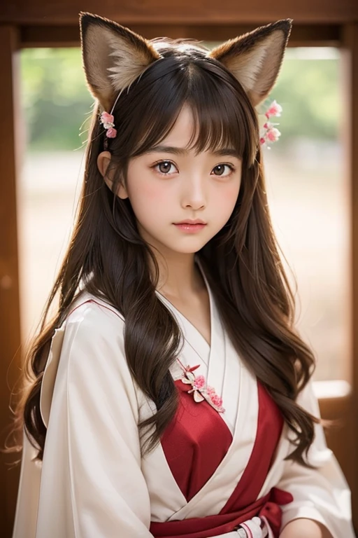 (Brown fox ears)、one girl, (a beauty girl, delicate girl:1.3), (, change:1.3), break, (Shrine maiden's costume:1.3),(Brown fox ears) break, Definition of very fine particles, (Symmetrical eyes:1.3), break, (alley, Kyoto:1.3), perfectly trimmed fingers, break, Small breasts, Brown eyes, Parted bangs, Brown Hair, girl, break, (Eye and facial details:1.0), break, (masterpiece, Highest quality, Very detailed, Detailed face, 8k)