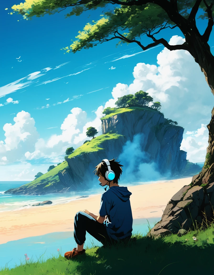 A boy sitting under a tree near a grassy cliff , see the vast blue sky，Has fluffy clouds and brushstrokes , tall grass stones, , Makoto Shinkai Cyril Rolando, Anime Art Wallpaper 4k, Anime Art Wallpaper 4k, animated background, Anime Art Wallpaper 8K, animated background art, Anime landscape wallpaper, Amazing wallpapers, High quality wallpaper, 4k anime wallpaper, 4k anime wallpaper, Aries Moros Art,Artwork by Bob Byerly , Ashley Wood Artificial Intelligence, Greg Rutkoski, flower, very colorful, flower velly, Rabbit near boy,Boy listening to music with headphones
