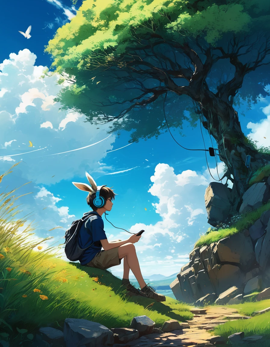 A boy sitting under a tree near a grassy cliff , see the vast blue sky,Has fluffy clouds and brushstrokes , tall grass stones, , Makoto Shinkai Cyril Rolando, Anime Art Wallpaper 4k, Anime Art Wallpaper 4k, animated background, Anime Art Wallpaper 8K, animated background art, Anime landscape wallpaper, Amazing wallpapers, High quality wallpaper, 4k anime wallpaper, 4k anime wallpaper, Aries Moros Art,Artwork by Bob Byerly , Ashley Wood Artificial Intelligence, Greg Rutkoski, flower, very colorful, flower velly, Rabbit near boy,Boy listening to music with headphones