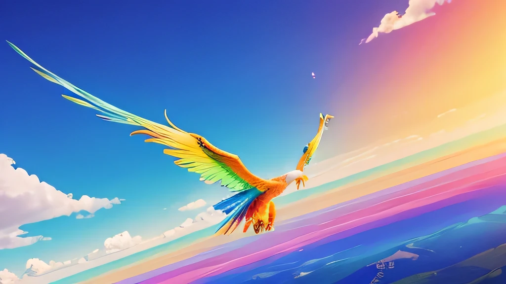 Colorful divine phoenix、Flying in the sky、Clear blue sky、The rainbow is coming out