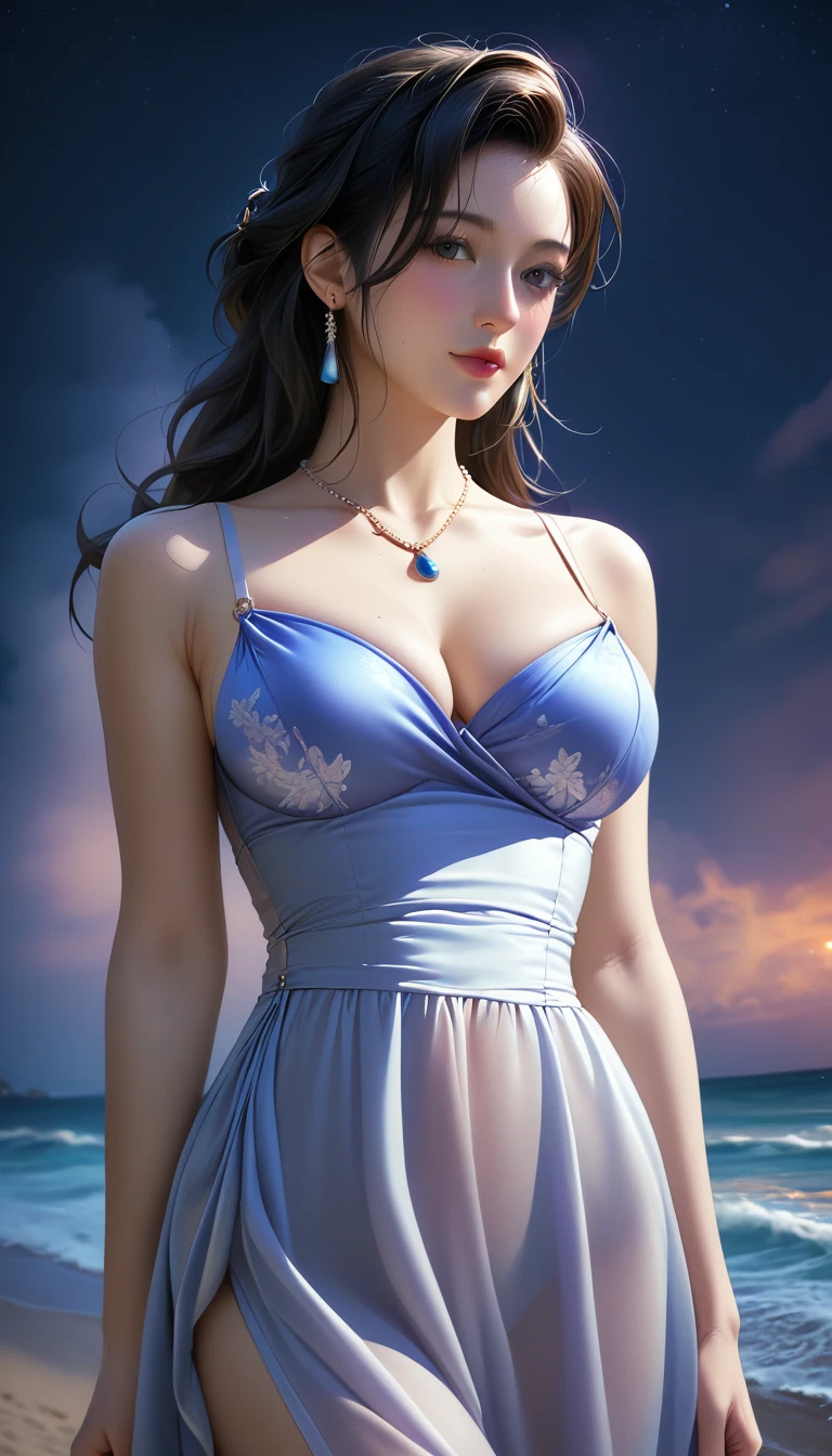score_9, score_8_superior, score_7_superior, Masterpieces with up to 16K resolution,Highest quality,it is really amazing,Very detailed,Ultra-high resolution,(Ultra-realistic:1.1),(Realistic:1.1),Increased depth of field,Cinematic lighting,
Elegant Japanese MILF,
Long black hair,Ultra-detailed and beautiful faces,Translucent white skin,Very detailedな肌,
(Elegant resort dresses:1.1),
Bold design,Artistic design,Beautiful and detailed pattern,Detailed fabric texture,
Gorgeous necklace,Earrings,
(Bali Beach:1.1),(Dark beach at night:1.1),(Deserted beach:1.1),(A pitch black night sky with dark clouds:1.1),
(Cinematic Angle:1.2),
