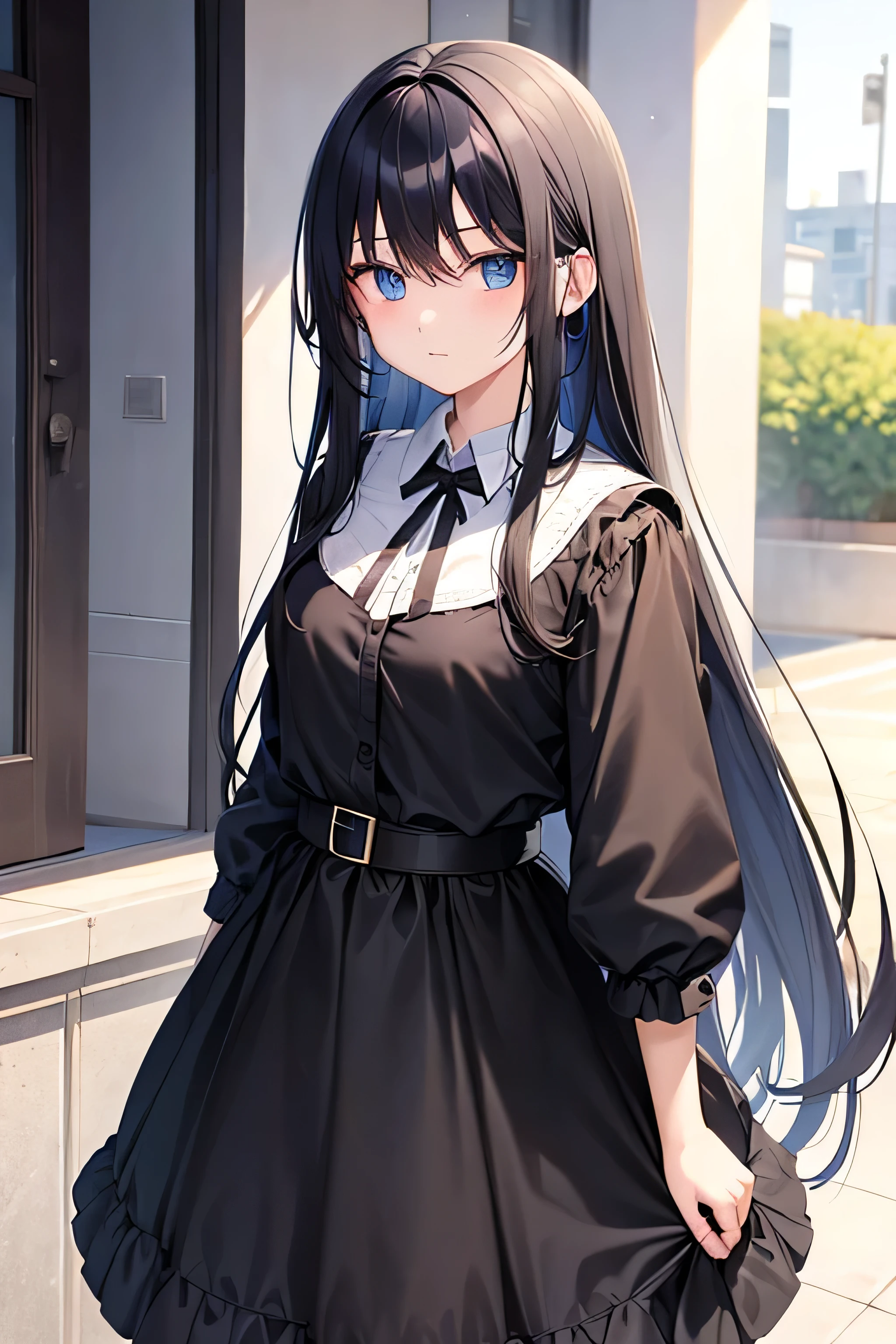 Long black hair、Blue Eyes、age beauty、Fashionable appearance、Cute black clothes、skirt
