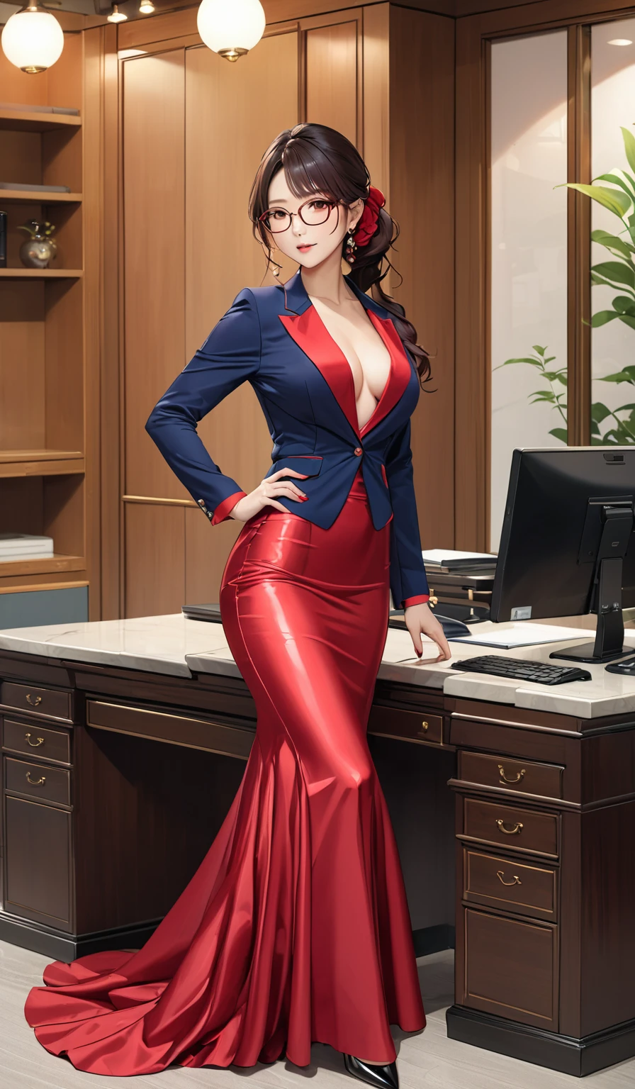 (masterpiece,highest quality,超A high resolution),japanaese girl with pony tail hair (((Very beautiful 35 year old girl))), pretty woman, a woman in the mermaid long train silk red skirt,the skirt is very long, full body, wear blazer, wear sexy blouse, wear glasses,long satin, flowy dramatic long skirt, talwomen, random pose, work in office, wear high heels,  masterpice  (Shiny red long train dress mermaid-style long skirt 