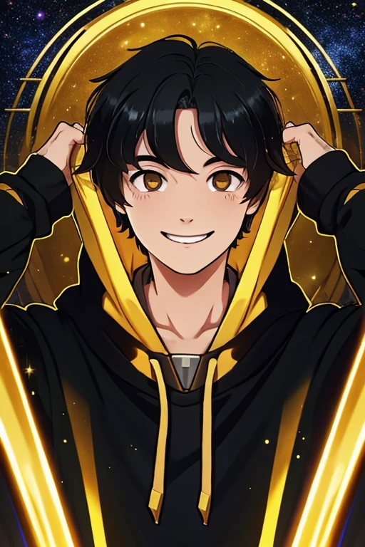 1 man, black hair, golden eyes, delicate face, smiling face, hoodie, digital noise, fantasy galaxy, game world