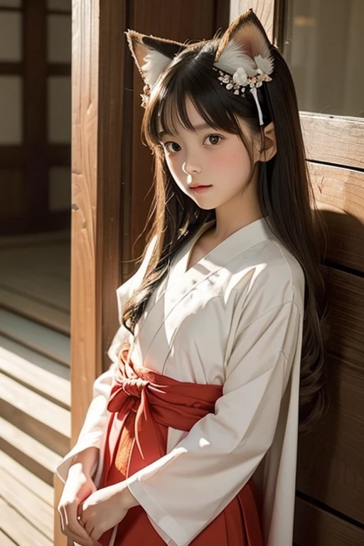 Small fox ears、one girl, (a beauty girl, delicate girl:1.3), (, change:1.3), break,((Shrine maiden's costume)),(Brown fox ears) break, Definition of very fine particles, (Symmetrical eyes:1.3), break, (alley, Kyoto:1.3), perfectly trimmed fingers, break, Small breasts, Brown eyes, Parted bangs, Brown Hair, girl, break, (Eye and facial details:1.0), break, (masterpiece, Highest quality, Very detailed, Detailed face, 8k)