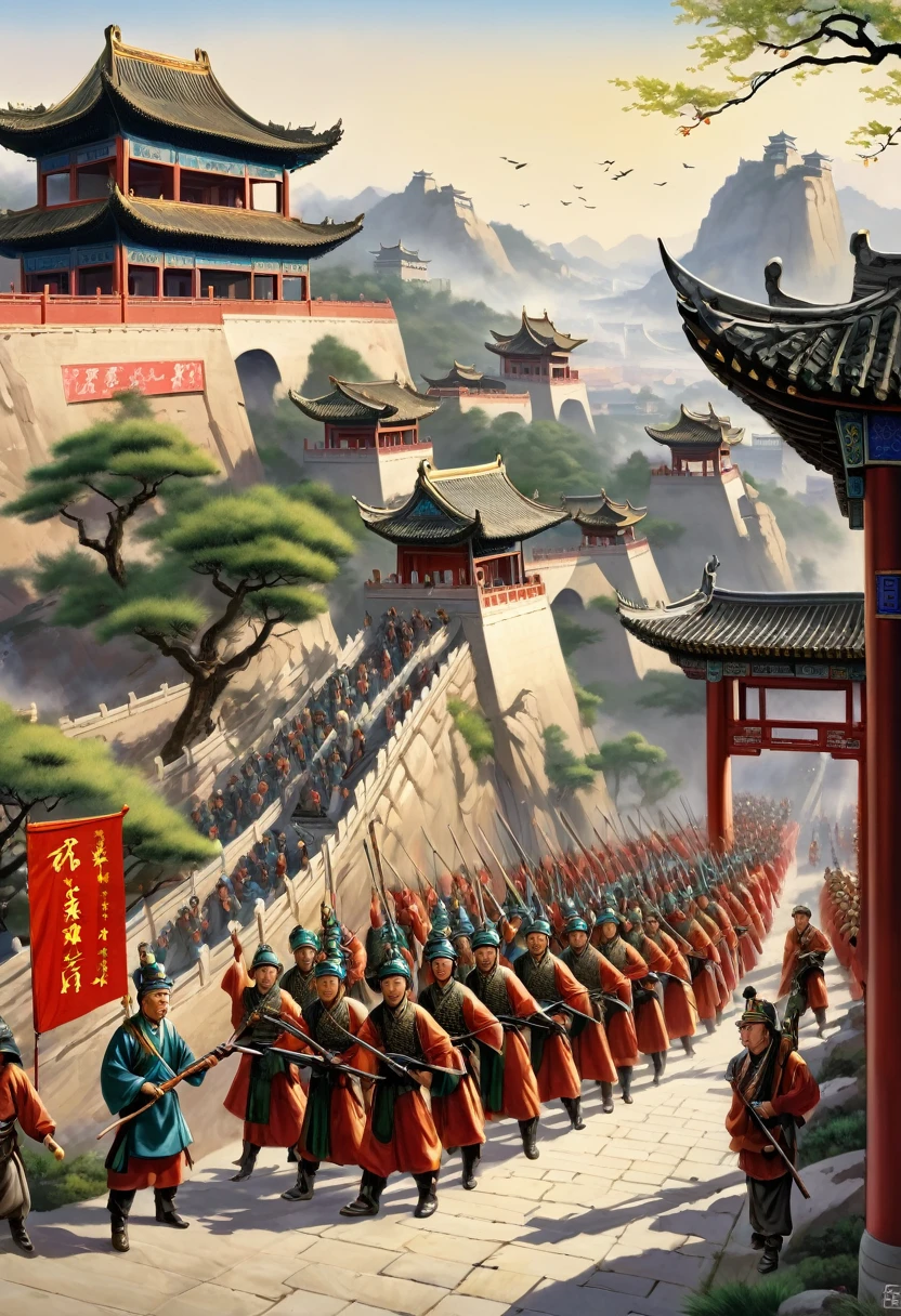 {
"prompt": "A detailed image of the enemy army advancing cautiously towards the city gates, their expressions wary and suspicious. A leader at the front signals his soldiers to stop, raising his hand in a gesture of caution. The soldiers' body language indicates their unease, with the open city gates and Zhugue Liang playing his instrument in the distance. The background includes traditional Chinese landscape elements.",
"size": "1024x1024"
}
