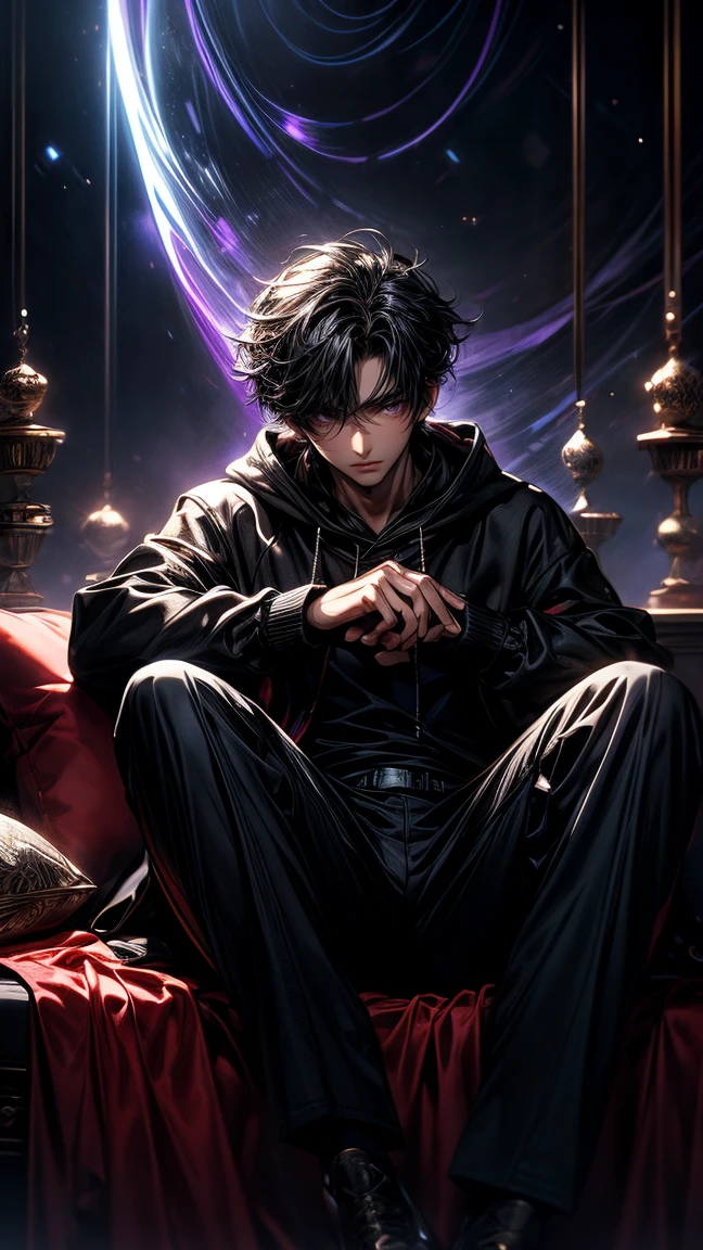 Masterpiece, best quality, high resolution, highly detailed, handsome face, good looking face, ethereal appearance, 1 young boy ( teenager ), very young handsome face,  dark black hair , purple eyes ( glowing eyes ), cold expression (  unhappy expression ), wearing a black hoodie, and black pants, black watch, surrounded by the splendors of the universe, sitting on the floor beside a bed in a majestic room, pay attention to stunning details, and achieve a resolution of 128k, floating in a dynamic pose, high quality, with a majestic aura of authority, full room.