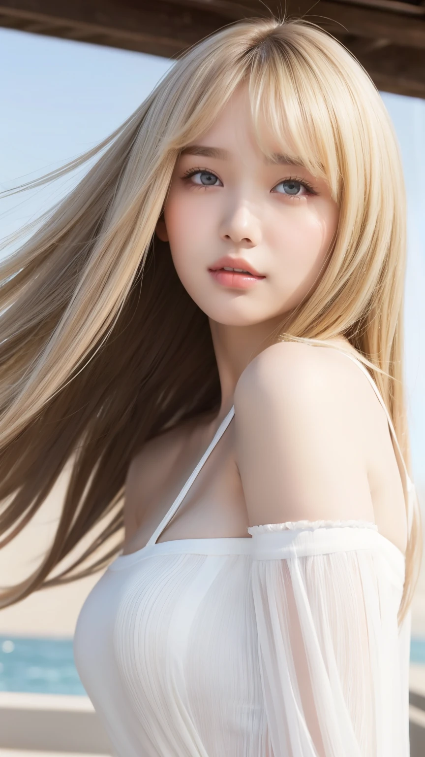 Sexy big ,15 year old beautiful girl is sexy＆looks cute & Cute beautiful sexy face, A strong wind blows my hair in front of my face,Beautiful short metallic blonde straight hair、Beautiful, cute and sexy eyes hidden by long bangs