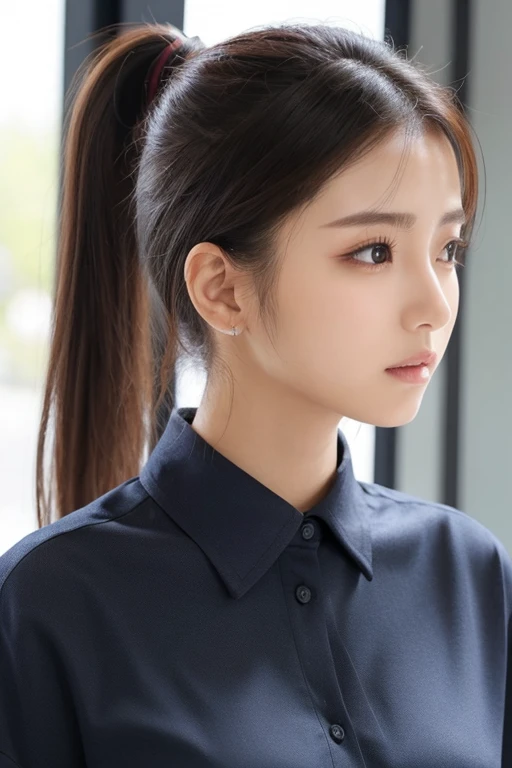 woman、Face and neck、ponytail、shirt、shirtのボタンは全て閉じてる
