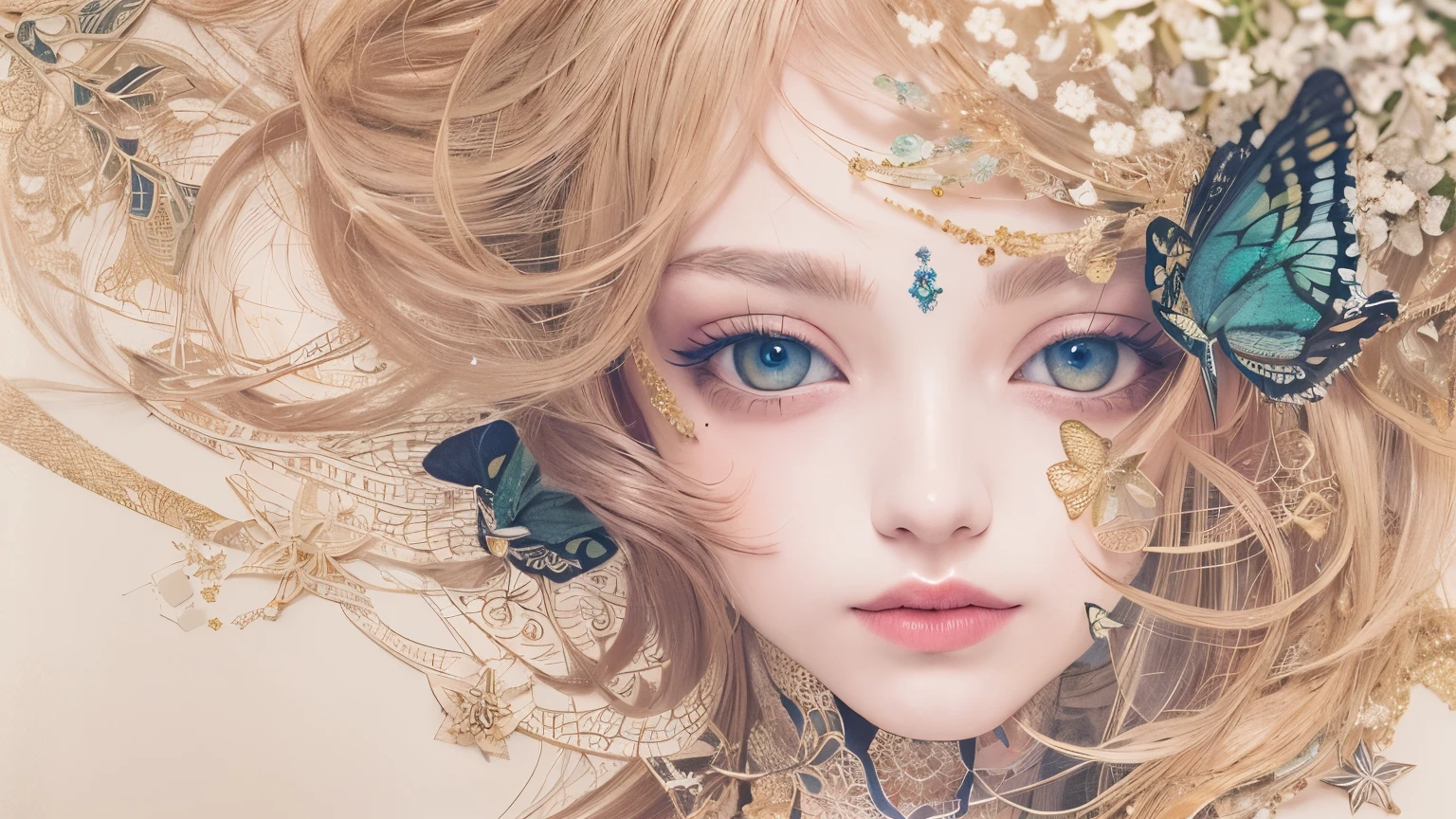 ((((masterpiece))), tattoo、Highest quality, An illustration, Beautiful details shine,
paper_cut, The details of a fragile girl's face captured on camera, wood, moon, butterfly,Wind、star、spider、Ladybug、centipede