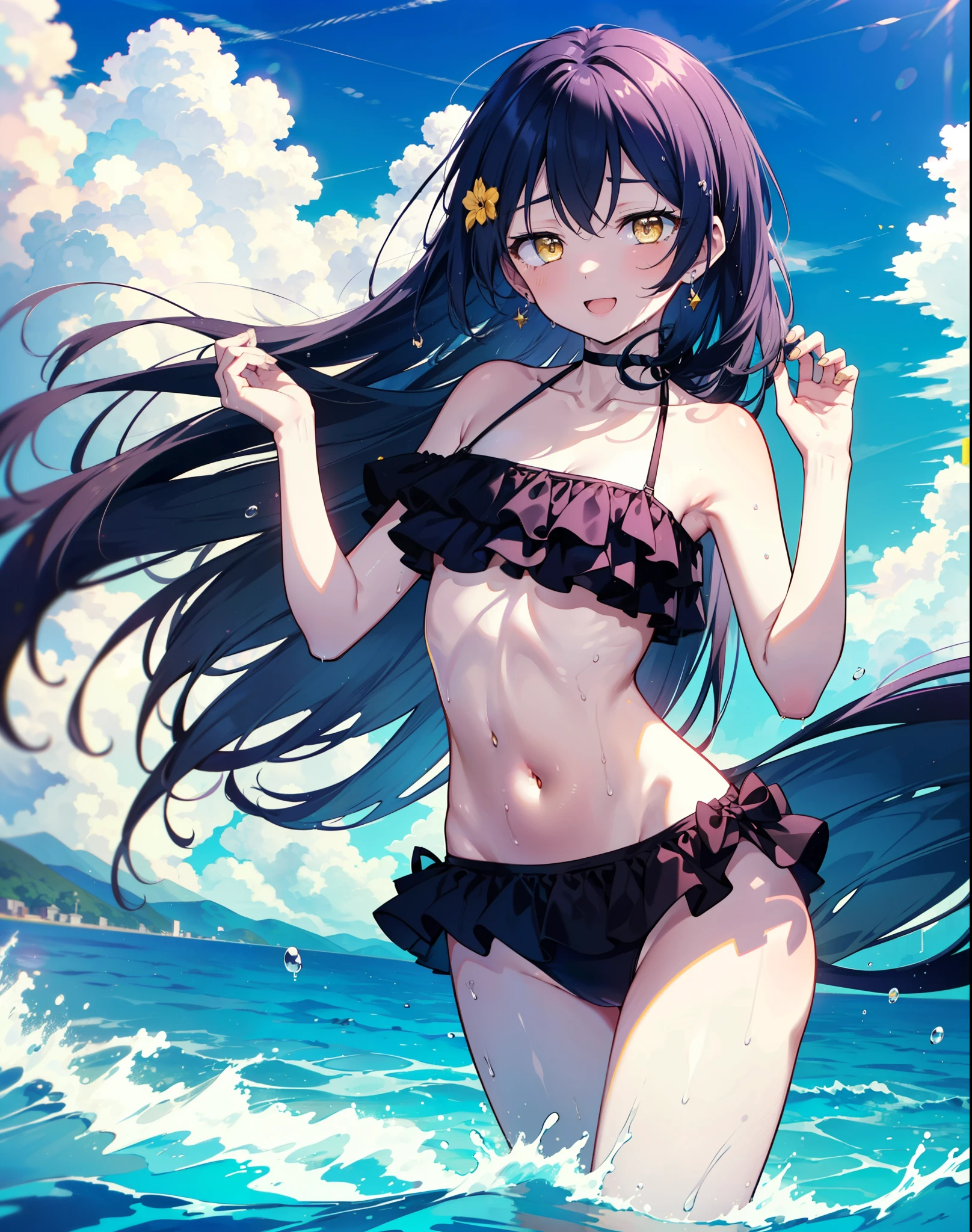 Umi Sonoda, Long Hair, Blue Hair, (Yellow Eyes:1.5) (Flat Chest:1.2),,happy smile, smile, Open your mouth,Black bikini swimsuit with frills,barefoot,Water Play,True Summer,Clear skies,Daytime,Wet swimsuit,Wet Skin,Wet Hair,　　　　　　　　　　　　　break looking at viewer, whole body, (Cowboy Shot:1. 5)　　　　　　　　　break outdoors,Beach, 　　　　　　　　　　　break (masterpiece:1.2), Highest quality, High resolution, unity 8k wallpaper, (shape:0.8), (Beautiful and beautiful eyes:1.6), Highly detailed face, Perfect lighting, Highly detailed CG, (Perfect hands, Perfect Anatomy),