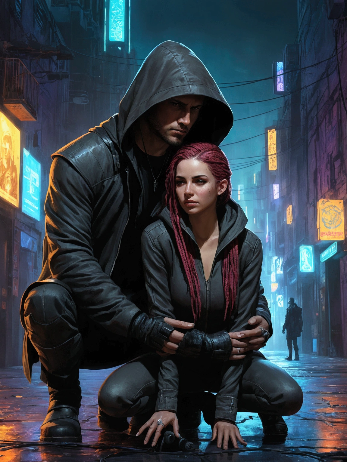 there is a woman kneeling down next to a man in a hooded jacket, stylized urban fantasy artwork, novel cover art for a book, cyberpunk dark fantasy art, in a cyberpunk setting, cyberpunk digital painting, cyberpunk horror style, cyberpunk dark fantasy, shadowrun splash art, in cyberpunk style, cyberpunk noir, litrpg novel cover, abaddon and magali villeneuve