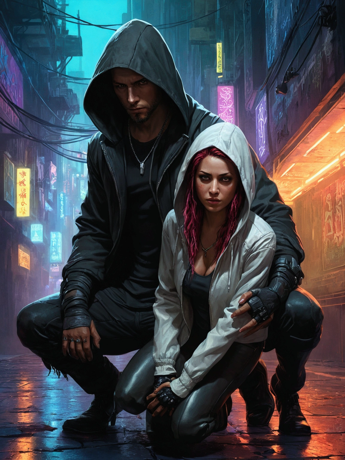 there is a woman kneeling down next to a man in a hooded jacket, stylized urban fantasy artwork, novel cover art for a book, cyberpunk dark fantasy art, in a cyberpunk setting, cyberpunk digital painting, cyberpunk horror style, cyberpunk dark fantasy, shadowrun splash art, in cyberpunk style, cyberpunk noir, litrpg novel cover, abaddon and magali villeneuve