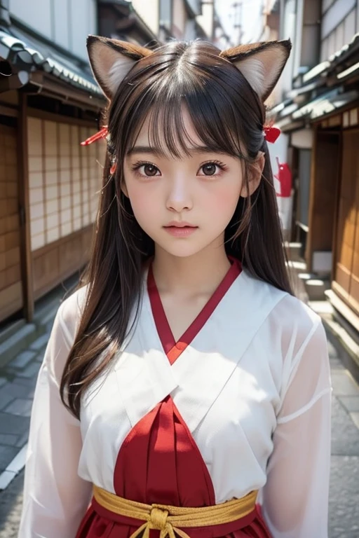 Small fox ears、one girl, (a beauty girl, delicate girl:1.3), (, change:1.3), break,((Shrine Maiden Costume)),(Brown fox ears) break, Definition of very fine particles, (Symmetrical eyes:1.3), break, (alley, Kyoto:1.3), perfectly trimmed fingers, break, Small breasts, Brown eyes, Parted bangs, Brown Hair, girl, break, (Eye and facial details:1.0), break, (masterpiece, Highest quality, Very detailed, Detailed face, 8k)