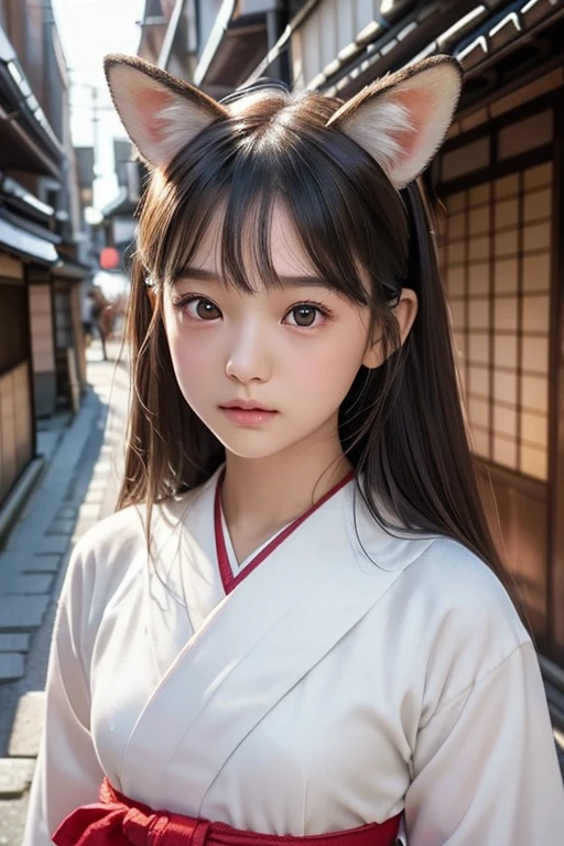 Small fox ears、one girl, (a beauty girl, delicate girl:1.3), (, change:1.3), break,((Shrine Maiden Costume)),(Brown fox ears) break, Definition of very fine particles, (Symmetrical eyes:1.3), break, (alley, Kyoto:1.3), perfectly trimmed fingers, break, Small breasts, Brown eyes, Parted bangs, Brown Hair, girl, break, (Eye and facial details:1.0), break, (masterpiece, Highest quality, Very detailed, Detailed face, 8k)