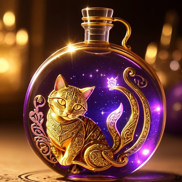 The Cat DNA item appears as a small, ornate vial with intricate engravings of feline creatures. The liquid inside the vial shimmers with a mysterious, luminescent glow, shifting colors between gold and deep purple.