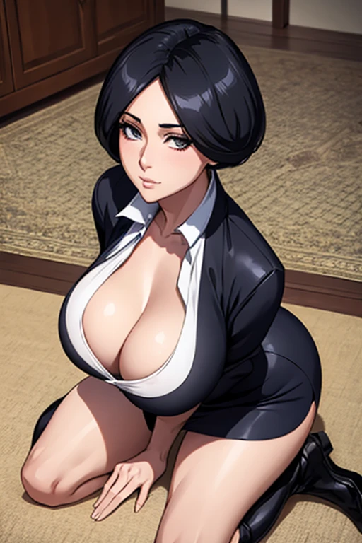 Super-detailed, 8k HD, Retsu Unohana, 1 girl, solo, mature, beautiful and detailed face, detailed hand, long black hair, slender hips, thick thighs, huge and droopy breast, huge round ass, black office suit and mini skirt, long cravat , fishnet thigh high stocking, showing cleavage, expressionless, kneeling on the floor in front of the viewer, look up, facing viewer, point of view from above,  hand hold on knee