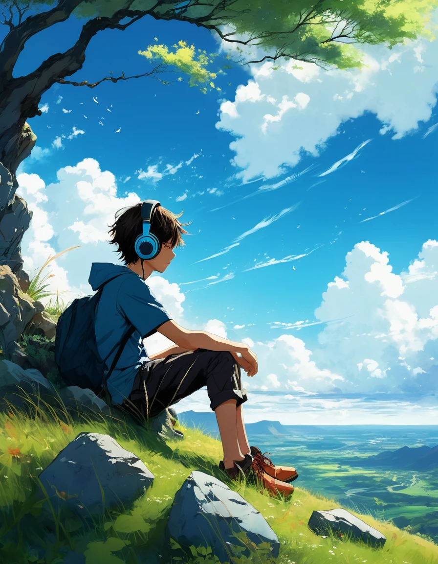 A boy sitting under a tree near a grassy cliff , see the vast blue sky，Has fluffy clouds and brushstrokes , tall grass stones, , Makoto Shinkai Cyril Rolando, Anime Art Wallpaper 4k, Anime Art Wallpaper 4k, animated background, Anime Art Wallpaper 8K, animated background art, Anime landscape wallpaper, Amazing wallpapers, High quality wallpaper, 4k anime wallpaper, 4k anime wallpaper, Aries Moros Art,Artwork by Bob Byerly , Ashley Wood Artificial Intelligence, Greg Rutkoski, flower, very colorful, flower velly, Rabbit near boy,Boy listening to music with headphones
