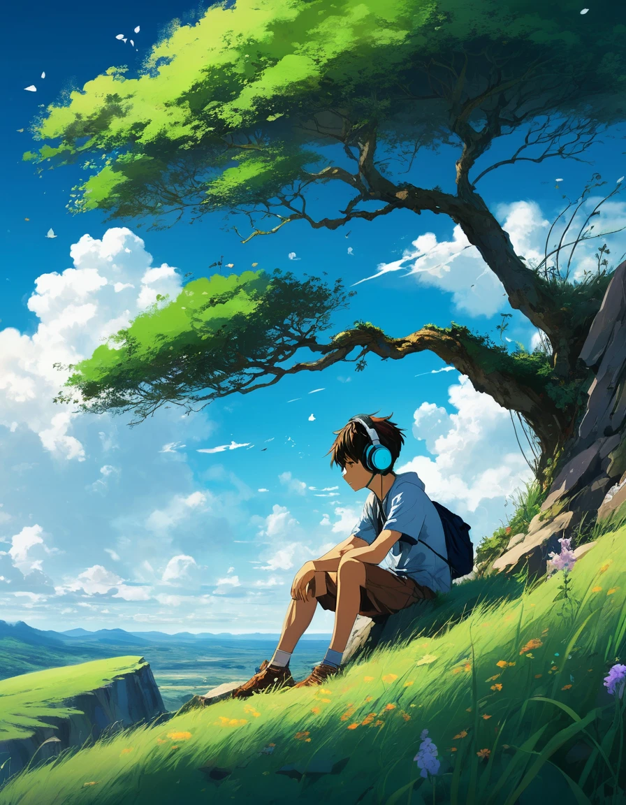 A boy sitting under a tree near a grassy cliff , see the vast blue sky，Has fluffy clouds and brushstrokes , tall grass stones, , Makoto Shinkai Cyril Rolando, Anime Art Wallpaper 4k, Anime Art Wallpaper 4k, animated background, Anime Art Wallpaper 8K, animated background art, Anime landscape wallpaper, Amazing wallpapers, High quality wallpaper, 4k anime wallpaper, 4k anime wallpaper, Aries Moros Art,Artwork by Bob Byerly , Ashley Wood Artificial Intelligence, Greg Rutkoski, flower, very colorful, flower velly, Rabbit near boy,Boy listening to music with headphones
