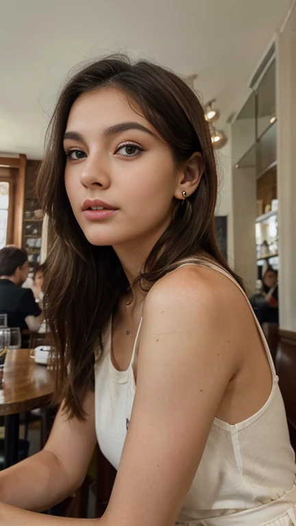 Photo of a 20 year old brunette woman., who has a very natural face, thin lips, fine eyes, thin eyebrows, fine nose, earrings, long eyelashes. She takes a cute selfie in a cafe.