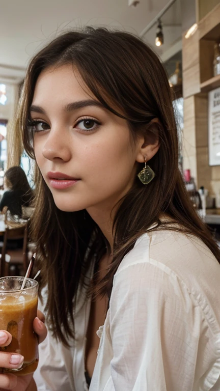 Photo of a 20 year old brunette woman., who has a very natural face, thin lips, fine eyes, thin eyebrows, fine nose, earrings, long eyelashes. She takes a cute selfie in a cafe.